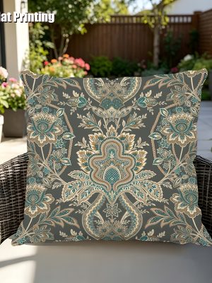 2D Flat, Terrace Cushion Cover, 1pc 18X18 Inches Square Pillow Cover, A Dark Gray Background Features an Intricate, Symmetrical Pattern with Teal, Cream, And Golden Floral Motifs, Including Large Central Blooms, Leaves, And Scrollwork
