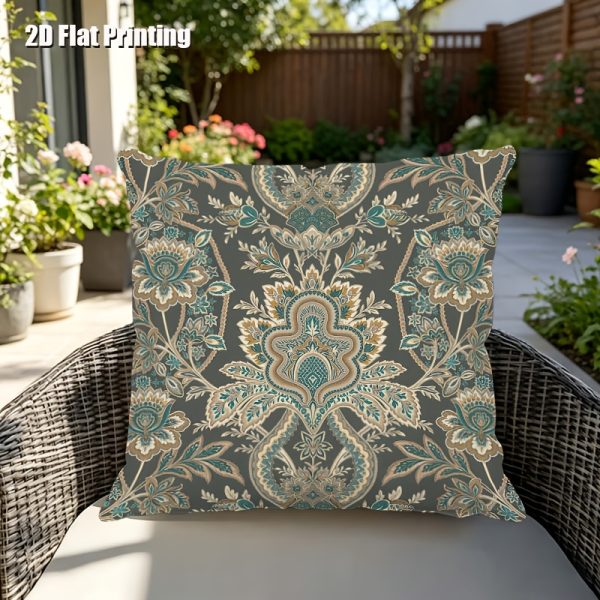 product-fancy-a7155584-b60c-40e3-b3bd-3da92f837b22 2D Flat, Terrace Cushion Cover, 1pc 18X18 Inches Square Pillow Cover, A Dark Gray Background Features an Intricate, Symmetrical Pattern with Teal, Cream, And Golden Floral Motifs, Including Large Central Blooms, Leaves, And Scrollwork