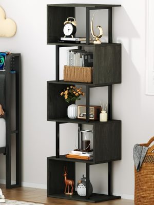 6-Tier Tall Bookshelf, Lofty Geometric Book Cabinet, S-Shaped Industrial-Style Display Freestanding Bookshelf, Metal And Wood Decorative Storage Partition Rack, Suitable for Bedroom, Living Room, Office, Black/White