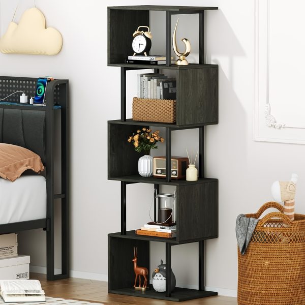 product-fancy-a73285f7-baea-4feb-866f-5ba10ef161a3 6-Tier Tall Bookshelf, Lofty Geometric Book Cabinet, S-Shaped Industrial-Style Display Freestanding Bookshelf, Metal And Wood Decorative Storage Partition Rack, Suitable for Bedroom, Living Room, Office, Black/White