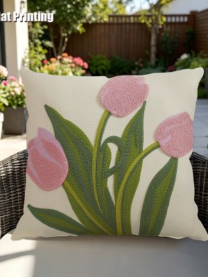 2D Flat,Terrace Cushion Cover,1pc 18X18 Inches Quare Pillow Cover, Embroidery Features Three Pink Tulips with Green Leaves and Stems.,Decoration, Gifts,Valentine Festival Gifts,Outdoor Indoor,Garden Decoration, 2D Flat