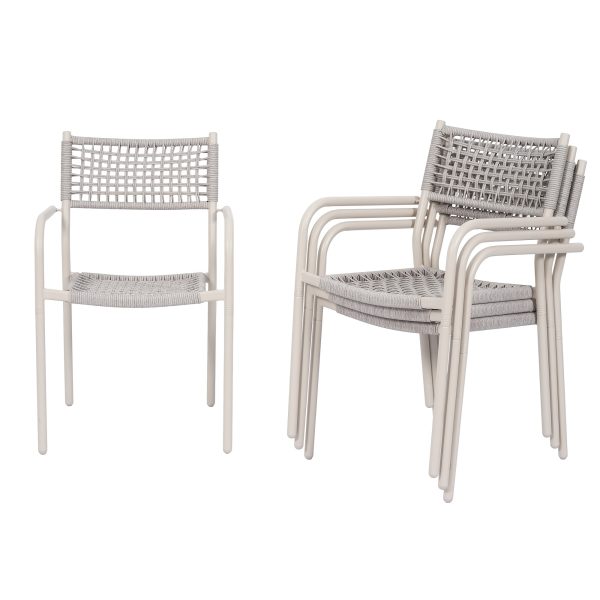 HARAISEDK Patio Dining Chairs Set Of 4/6 Stackable Ergonomic Rattan Armchairs All Weather Powder Coated Metal Frame Garden, Balcony, Poolside White/Gray