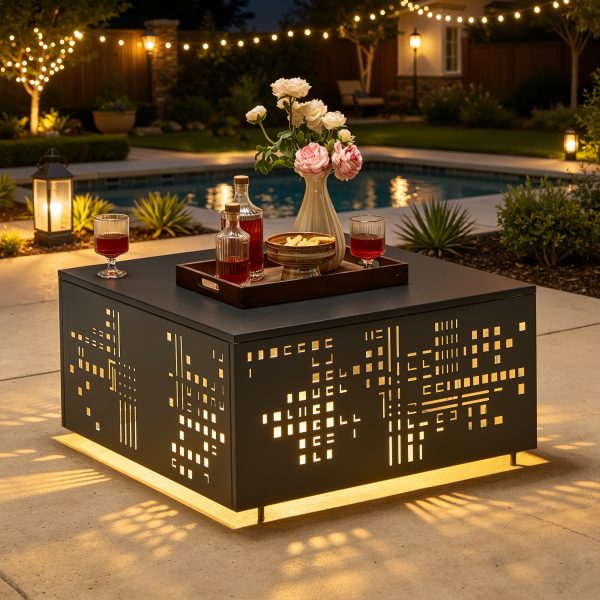 product-fancy-a7b06b12-c354-48b2-8254-b368e2332874 Only One Outdoor Metal Coffee Table with Lights And An Umbrella Pole Hole, Black Or Gray Two Table Color Options, A Coffee Table Suitable for Pairing with Outdoor Patio Furniture, Easy to Assemble