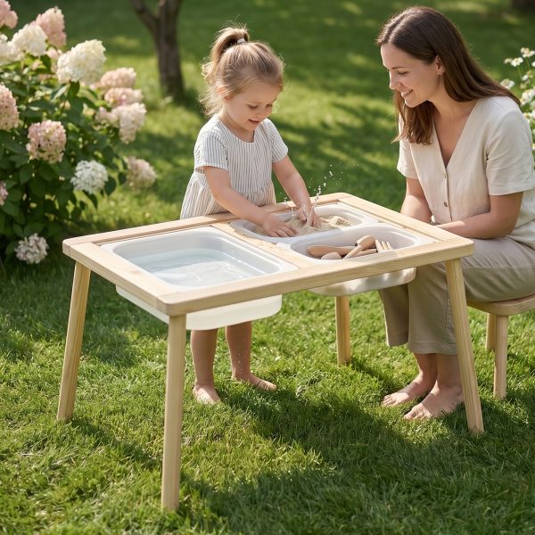 Kids Sensory Table with 3 Storage Bins, Solid Pine Wood Activity Table, Double-Sided Drawing & Play Surface, Sand And Water Play Table for Toddlers, Indoor Outdoor Learning & Craft Table