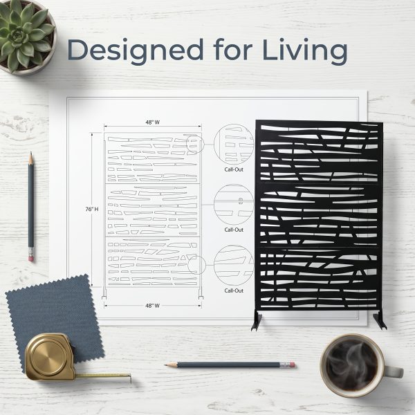 product-fancy-a7eea5bd-b048-4711-ac22-e5297400dae3 Freestanding Black Metal Privacy Screen 76"x48", Bold Indoor Outdoor Decorative Fence Panel Divider for Deck Balcony Patio Backyard Lawn Garden Pool Yard Porch Front Yard Bedroom Living Room Office Studio Entryway Hallway Restaurant Decorative Fence