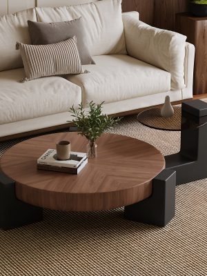 2pcs Set of Modern Round Wood Coffee Table with Geometric Leg Design