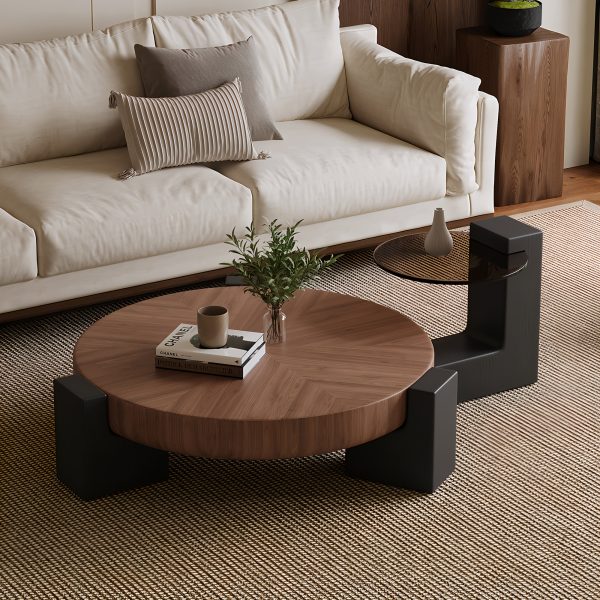 2pcs Set of Modern Round Wood Coffee Table with Geometric Leg Design