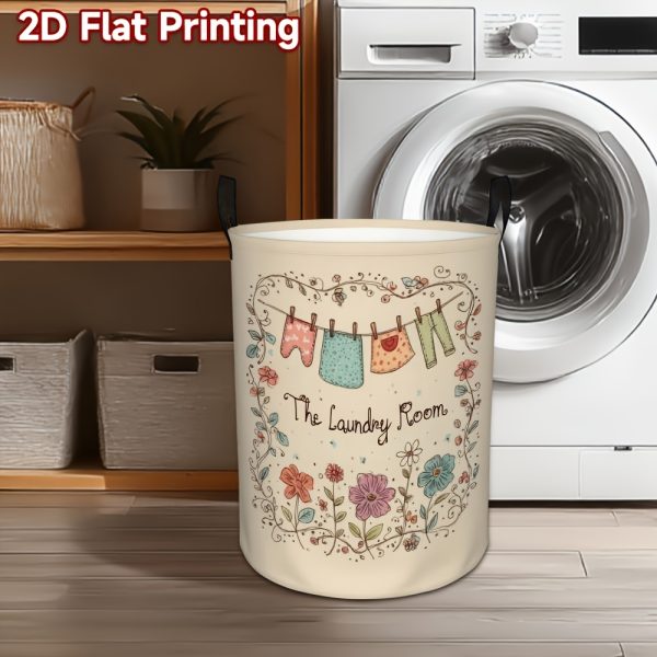 product-fancy-a80d7d30-eb5e-4f44-aea1-435ae16c8458 1pc Laundry Basket with Cute Floral & Clothespin Design - High-Capacity Foldable Hamper, Durable Polyester Fabric Storage Bin with Sturdy Handle for Bedroom, Bathroom, Dorm Organization (Beige)