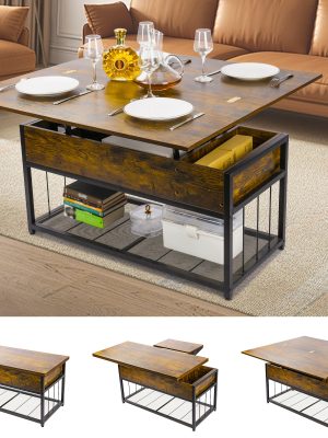 Lift Top Coffee Table with Hidden Storage, Industrial Wood And Metal Living Room Table with Open Shelf, Liftable Dining Coffee Table for Home Office