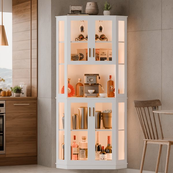 product-fancy-a84cb4c4-bcc9-485b-92d1-6138ee9df90d 65" Tall Corner Wine Bar Cabinet with LED Lights, 4-Tier Liquor Storage Cabinet with Glass Door, Space Saving Organizer for Living Room & Kitchen (Black/White)