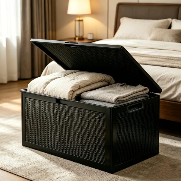 Black Storage Box with Lid, Sturdy Large Storage Container for Bedroom Clothing Pillow Organizing, Multipurpose Household Storage Trunk Organization Essential Space Saver Storage Bin