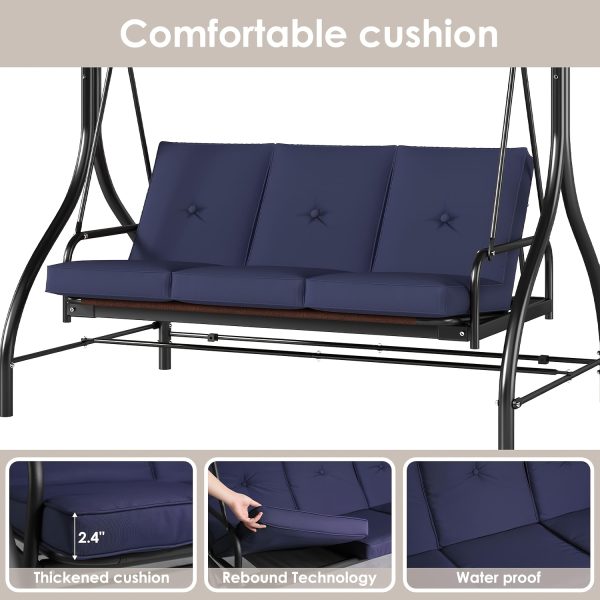 product-fancy-a8666da1-d25f-4256-9173-d9f4a46c080e 3-Seat Outdoor Porch Swing with Stand, Convertible Porch Swing Bed with Adjustable Canopy for Adults, Patio Swing Chair with Thickened Cushions for Yard Garden Deck 750LBS