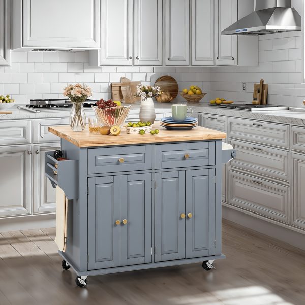 product-fancy-a87a2853-7e6d-4569-8736-f44cd47738ec Rolling Kitchen Island with Drop Leaf, Thicken Rubberwood Top, Spice Rack, Towel Rack, Drawer, 43.3" Portable Mobile Kitchen Island Carts Table, Storage Cabinet, Both Wheels And Feet