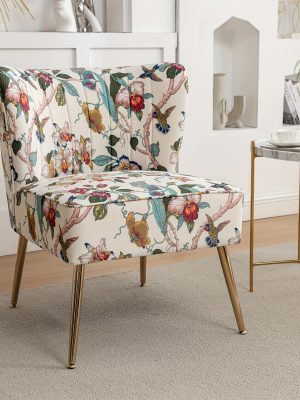 Armless Accent Chair with Golden Metal Legs, Modern Comfy Tufted Living Room Chair, Velvet Upholstered Floral Side Chair, Mid Century Slipper Chair for Bedroom, Flower Print