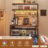 [Baker's Rack Outlet] Baker's Rack with Power Outlet, 6-Tier Microwave Rack with 3 Drawers, Wine Rack, LED Light And 10 Hooks, Kitchen Baker's Rack, Coffee Bar with Storage, Rustic Brown/Black/White