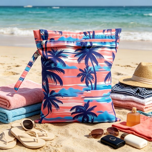 product-fancy-a97b94d3-584c-4979-9690-ada20e965ae2 Reusable Wet Storage Bag with Tropical Palm Print Pattern, Designed for Diaper Storage. Dimensions: 9.84in*12.2in. Perfect for Storing Swimwear, Travel Essentials, Beach Items, and Pool Supplies. Ideal for Themed Gifts and Holiday Presents