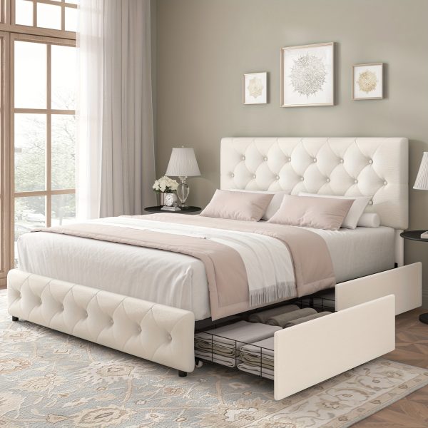 product-fancy-a987a941-f95e-4de0-aa64-f9a1acc38b69 Modern Upholstered Bed Frame with 4 Storage Drawers, Platform Bed Frame with Button Tufted Headboard, Solid Wooden Slat Support