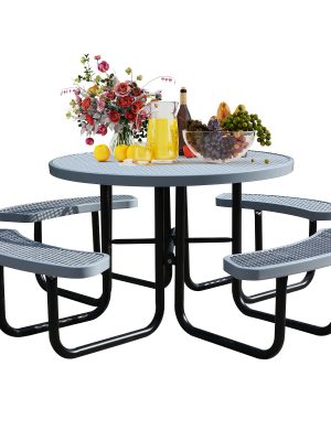 Heavy Duty Outdoor Metal Table and Bench Set Compatible for - -Weather Coated Steel Frame & Plastic Tabletop, Easy Assembly Outdoor Furniture for Park, Patio, Playground, School, Campsite - & Low Maintenance