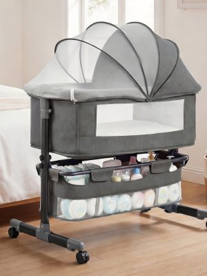 3in 1 Baby Crib, Baby Bassinet Bedside, Bedside Crib for Baby, Adjustable Baby Bassinet with Wheels, Storage Basket, Mattress, Easy Assemble & Folding Portable Baby Cradle (Grey), Wt: 18.3 Lbs, Age: 6m+, Max Cap: 55 Lbs