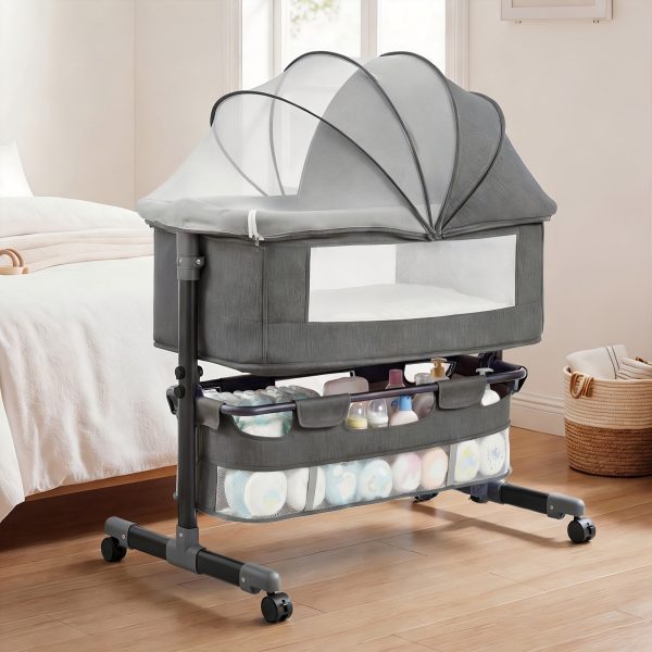 product-fancy-aa4f552b-32dd-4985-9195-12c189ee9e94 3in 1 Baby Crib, Baby Bassinet Bedside, Bedside Crib for Baby, Adjustable Baby Bassinet with Wheels, Storage Basket, Mattress, Easy Assemble & Folding Portable Baby Cradle (Grey), Wt: 18.3 Lbs, Age: 6m+, Max Cap: 55 Lbs