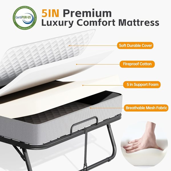 Compact & Durable 4-Section Folding Bed with Grey Fabric Cover - Sturdy Metal Frame, 75" x 31", Portable Roll-Away Design for Adults, Ideal for Guests, Students, Camping & Small Apartments, Garden Houses