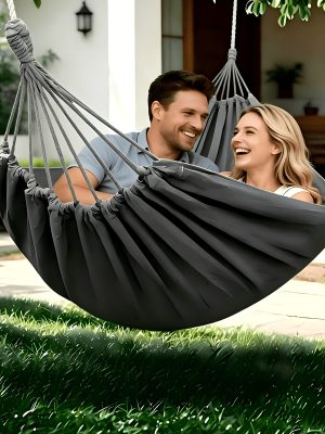 1pc Patio/Outdoor Hammock with Support Pole, Sturdy Dark Gray Fabric Hammock with Anti-Tip Design, Durable with Tie-Down Ropes - Ideal for Relaxing in the Patio, Outdoors, Indoors, and Camping, for Outdoor Hammock Use
