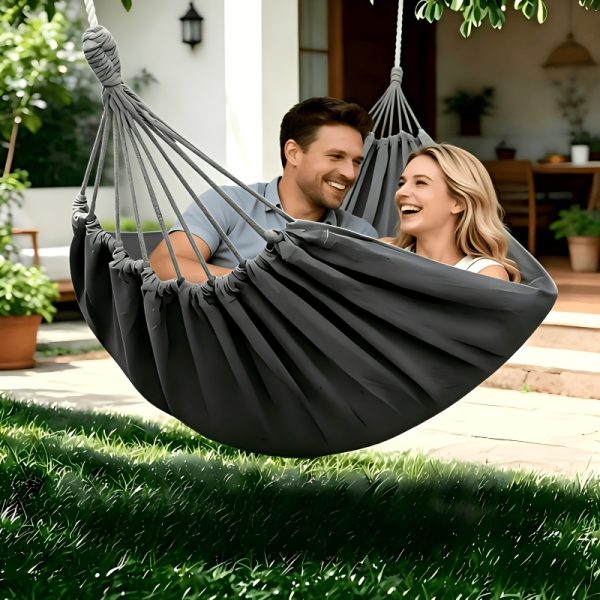 product-fancy-aa810103-1e25-4091-bd61-a6212d6a76e5 1pc Patio/Outdoor Hammock with Support Pole, Sturdy Dark Gray Fabric Hammock with Anti-Tip Design, Durable with Tie-Down Ropes - Ideal for Relaxing in the Patio, Outdoors, Indoors, and Camping, for Outdoor Hammock Use