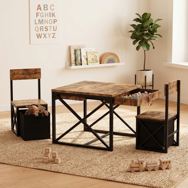 product-fancy-aa8f5c9f-0c10-4d8b-8514-8a6523b2eb44 4-in-1 Kids Table And 2 Chairs Set With Storage Bins, Rustic Toddler Activity Desk For Playroom, Wooden Childrens Furniture For Crafts, Drawing & Reading