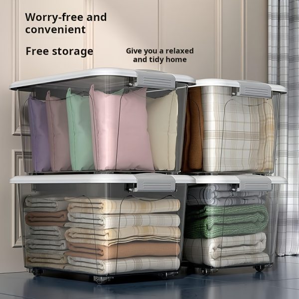 product-fancy-aac525f1-f326-4bb9-9d95-2690d2bcfb00 2pcs Set of Large Capacity Stackable Plastic Storage Bins with Lids, Featuring Double Locking Latches, Wheels, and a Grey Striped Design. These Multi-functional Storage Boxes Are Perfect for Organizing Clothes,, and Closets.