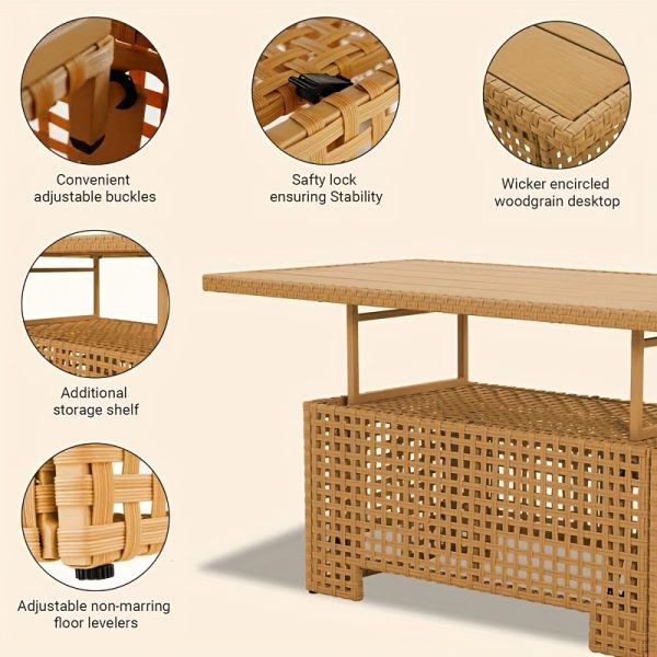 [Outdoor Wicker Table] Extendable Outdoor Wicker Coffee Table Measuring 51.25 Inches in Length And 27 Inches in Width, Featuring a Luxurious Brown Woodgrain End That Offers a Natural Feel And Outstanding Durability