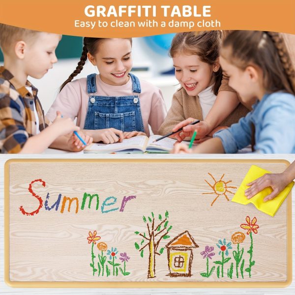 product-fancy-ab761920-a72c-4aa5-819f-4ecdf28e9327 Kids Table And 6 Chairs Set, Rectangular Plastic Graffiti Desk, Preschool Activity Art Craft Table, for Boys And Girls Halloween Christmas Gifts