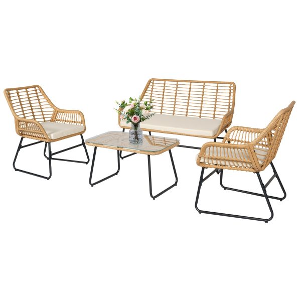 product-fancy-aba98f32-3134-4236-af0f-d0c4b011df49 4pcs Outdoor Patio Furniture Collection • Rattan Bistro Set Featuring Cushions & Table • Wicker Loveseat for Conversations in Your Backyard, Balcony, Or Garden