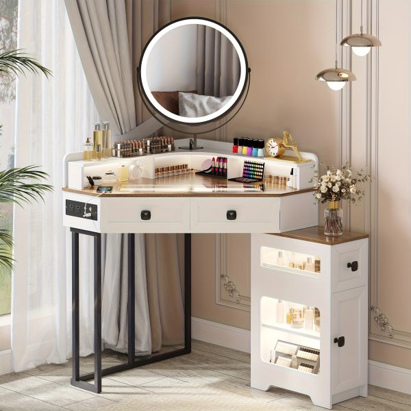 product-fancy-abd99ce2-16a8-40c7-87d8-692b87b28630 Dystler Corner Vanity With Mirror And Lights, Modern Makeup Vanity Set With Charging Station For Bedroom/Cloakroom, Glass Top Vanity Table With Drawers And Shelves, White