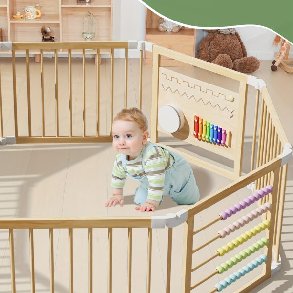 product-fancy-ac2e256a-8446-4fe4-9c90-c17c58099928 SLSY Foldable Wooden Baby Playpen Activity Center, Adjustable Size & Shape Portable Large Play Yard for Babies And Toddlers, Baby Fence Play Area Wood Gate 63"x63"x24"