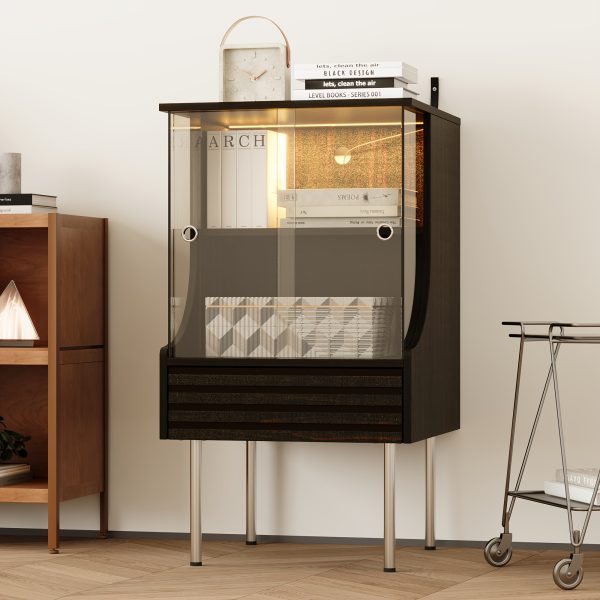 product-fancy-ac354599-bedb-4860-b437-fb6cf285f273 Contemporary Glass Storage Unit Featuring a Wavy Drawer And Two Shelves, Ideal As a Side Table for The Living Room with a Tempered Gold-Brown Glass Sliding Door, Suitable for Use As a Bedside Table in The Bedroom