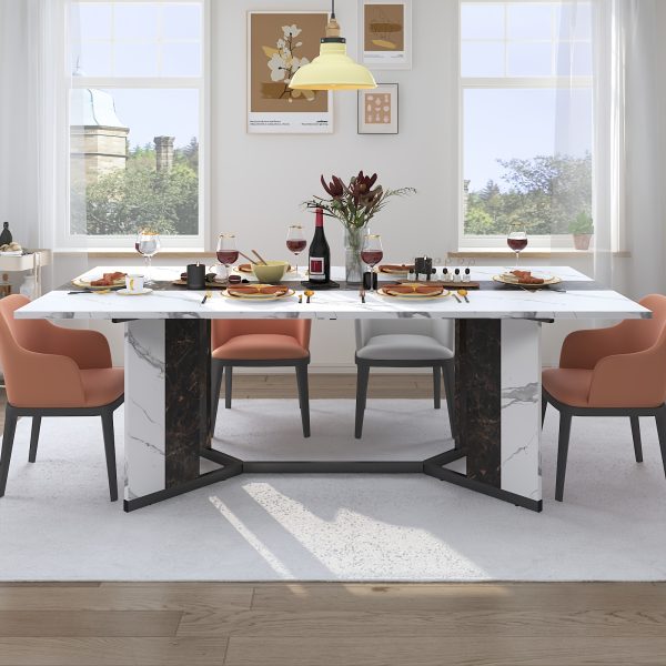 product-fancy-ac76b190-7382-4e54-a32a-7c8d2738aa83 Waterproof and Scratch-Proof Dining Table - Luxurious 71-Inch Large Rectangular with Marble-Color Wood Top - Adjustable V-Shaped Legs for 4-7 People - Ideal for Family Dinners, Office, Kitchen, Living Room
