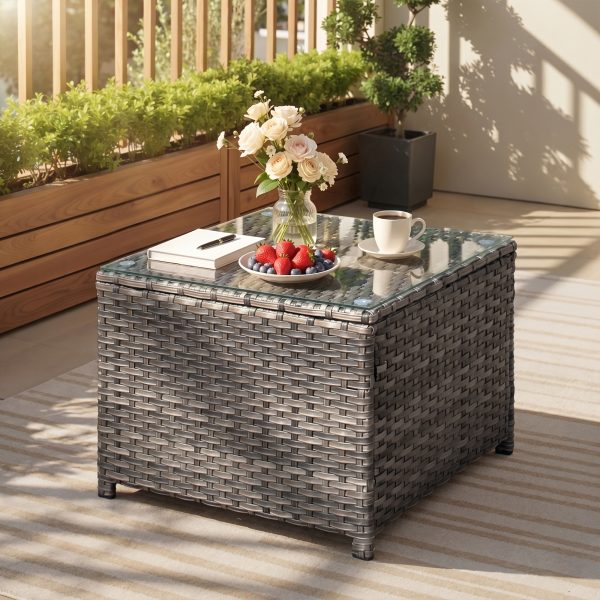 [Outdoor Coffee Table] 24" Square Outdoor Coffee Table Suitable for Backyard, Balcony & Deck - Handwoven PE Wicker Frame with Tempered Glass Top, All-Weather Bistro Table, Glass for Patio Furniture, Compact for Small Spaces, Garden Entertaining
