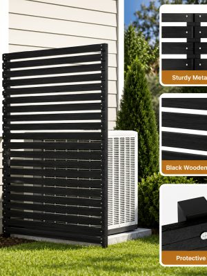 [Outdoor Privacy Fence] 38" X 71" Outdoor Privacy Fence Screen, Black Wooden Slatted Panels With Sturdy Metal Stakes, 12" Ground Insert, Garden Privacy Fence For Air Conditioner Cover, Patio, Yard, Pet Fence And Outdoor Decoration