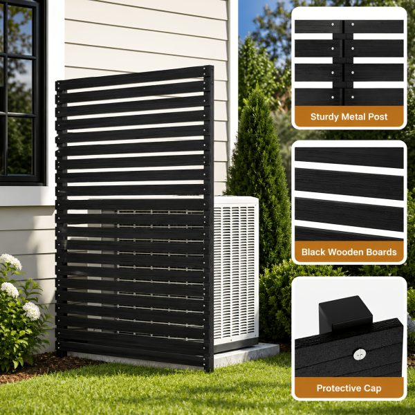 [Outdoor Privacy Fence] 38" X 71" Outdoor Privacy Fence Screen, Black Wooden Slatted Panels With Sturdy Metal Stakes, 12" Ground Insert, Garden Privacy Fence For Air Conditioner Cover, Patio, Yard, Pet Fence And Outdoor Decoration
