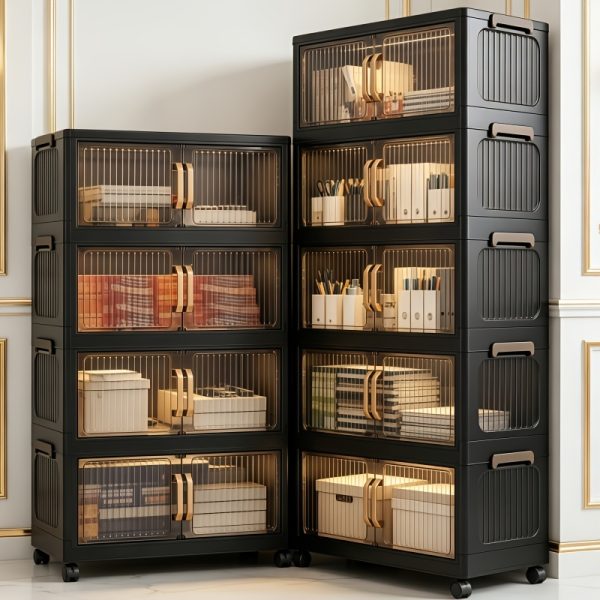 product-fancy-acbda840-203b-4ff1-8020-bc7ee19b6dff No Assembly 2/3/4/5 Tier Foldable Stackable Storage Cabinet, 44.29 Inch Large Capacity Modular Organizer Box with Lid, Rolling Wheels & Magnetic Double Door, Space Saving Portable Multi-Layer Storage Unit, Easy Setup Household Storage Container
