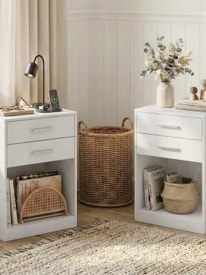 Nightstands Set Of 2, White Night Stand With Charging Station & Drawers, Night Stands For Bedroomsy For Hallway & Living Room