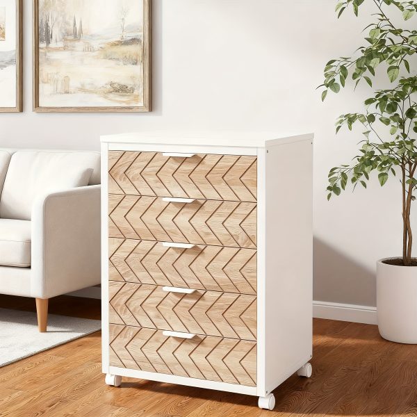 product-fancy-acfd515f-f8a5-4955-b052-31e38705526a 5-Drawer Beige & White Wood Mobile File Cabinet, Industrial Rolling Printer Stand with Herringbone Pattern for Home Office Storage, Durable Engineered Wood Design