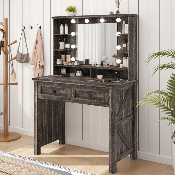 product-fancy-ad70262e-5034-4b96-9ddd-2bddb9435b0f 47.2"W Farmhouse Vanity Makeup Vanity Desk with Mirror And Lights, Vanity Table with 4 Drawers & Shelves Big Makeup Desk with Charging Station for Bedroom, Dark Rustic Oak (Stool Not Included)