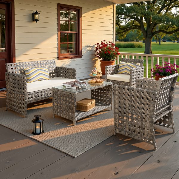 4pcs PE Rattan Bistro Patio Furniture Collection, Outdoor Sectional Featuring 2 Chairs, a Loveseat, And a Coffee Table, Compact Modern Porch Conversation Set for Backyard Garden, Premium Appearance