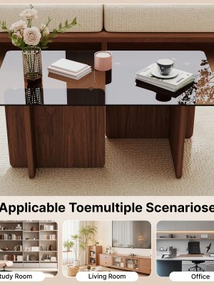 39.4" Coffee Table Glass, Modern Minimalism Rectangle Center Table, Glass Top with Sturdy Wooden Base, Small Glass Wood Coffee Table for Home, Living Room, Apartment, Office, Easy Assembly