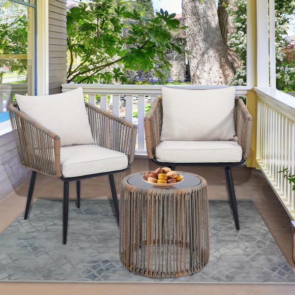 [Outdoor | Rattan] 3pcs Outdoor All-Weather Wicker Patio Rattan Bistro Conversation Set | Chairs And Side Table Set | Ideal For Balcony, Porch And Backyard