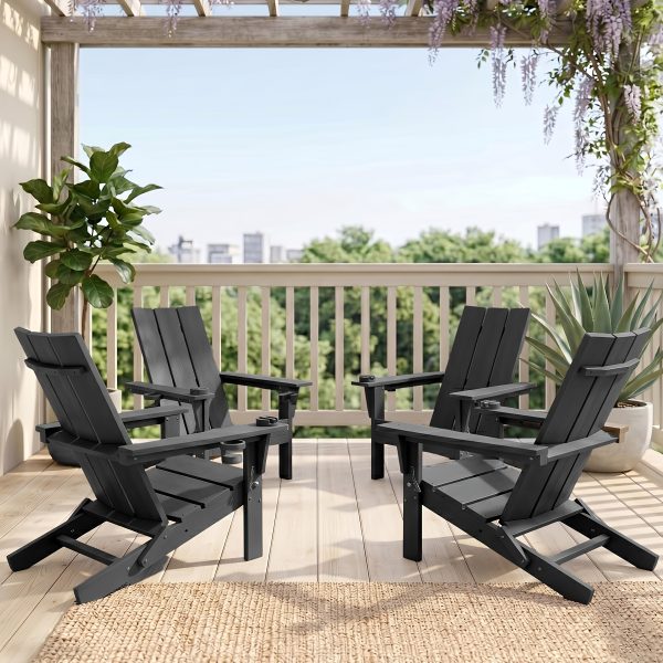 [Durable Outdoor Patio] Leasable 4pcs Folding Adirondack Chair Durable Oversized Ergonomic Plastic Outdoor Patio Furniture With Built-In Phone Holder And Cup Holder, Weather Resistant Fire Pit Chair For Patio Backyard, Deck