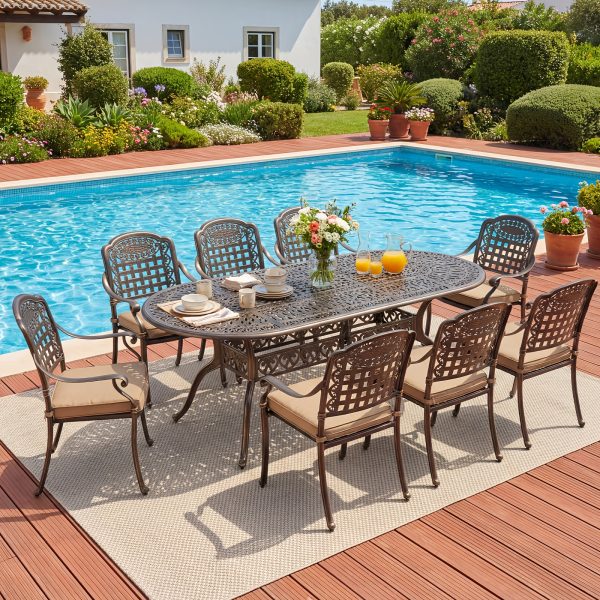 9pcs Cast Aluminum Outdoor Patio Dining Set - Ornate Scrollwork Design, Weather-Resistant Rust-Proof Frame, Oval Table And 8 Cushioned Chairs, Suitable for Garden, Backyard And Poolside Seating