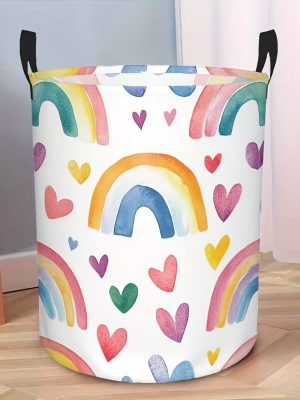 1pc Rainbow & Hearts Design S Laundry Basket - with Sturdy Handles, Country Style Organizer for Bedroom, Bathroom, Laundry Room Accessories, Bedroom Organizer