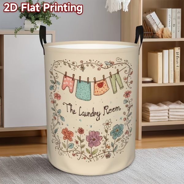 product-fancy-ae581612-9075-4919-97c5-b929b80b127a 1pc Laundry Basket with Cute Floral & Clothespin Design - High-Capacity Foldable Hamper, Durable Polyester Fabric Storage Bin with Sturdy Handle for Bedroom, Bathroom, Dorm Organization (Beige)